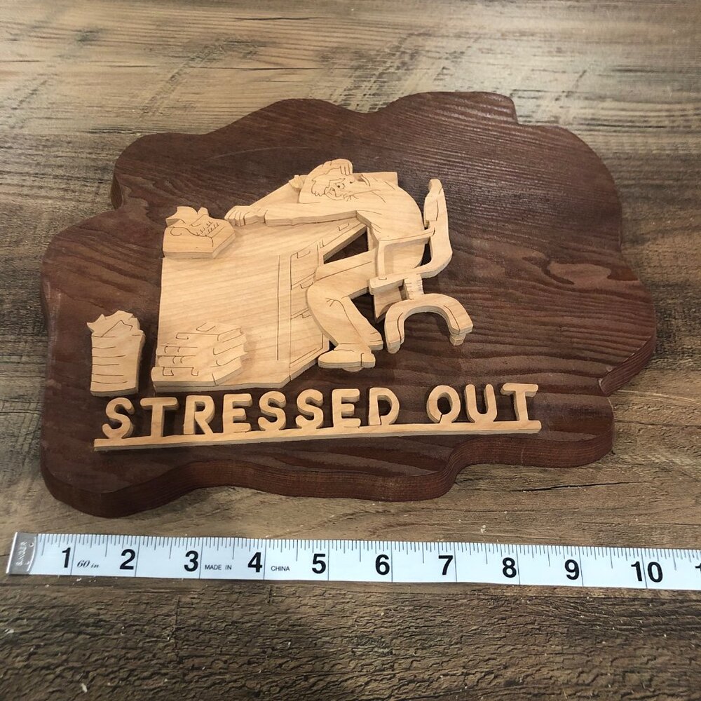 Vintage 3D Relief Carved Wood Wall Hanging Stressed Out Office Art